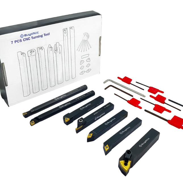Buyohlic 7 Pieces Carbide Turning Tool Set Indexable Lathe Turning / Grooving / Threading Tool-1/2" Shank with Tin Coated Carbide Inserts Turning insert
