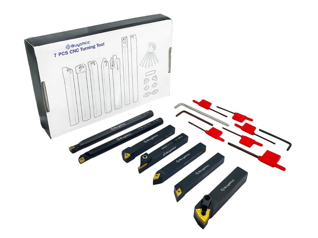 Buyohlic 7 Pieces Carbide Turning Tool Set Indexable Lathe Turning / Grooving / Threading Tool-1/2" Shank with Tin Coated Carbide Inserts Turning insert
