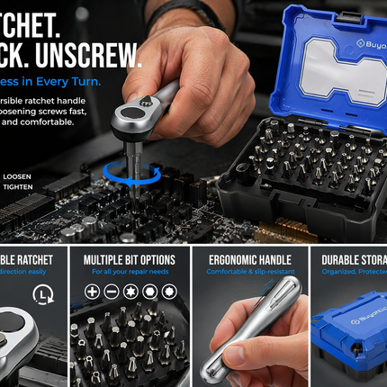 Multi-Bit Ratchet Screwdriver Set with Reversible Handle & Storage Case