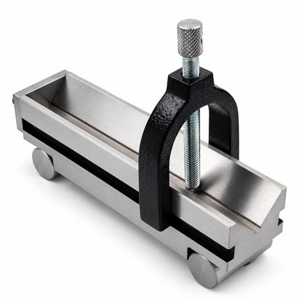 V-block, sine vice, hardened alloy steel, clamp, 150 mm, and 30 mm capacity.