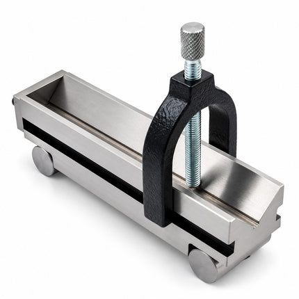 V-block, sine vice, hardened alloy steel, clamp, 150 mm, and 30 mm capacity.
