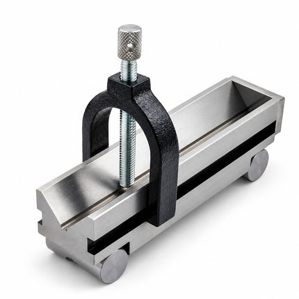 V-block, sine vice, hardened alloy steel, clamp, 150 mm, and 30 mm capacity.
