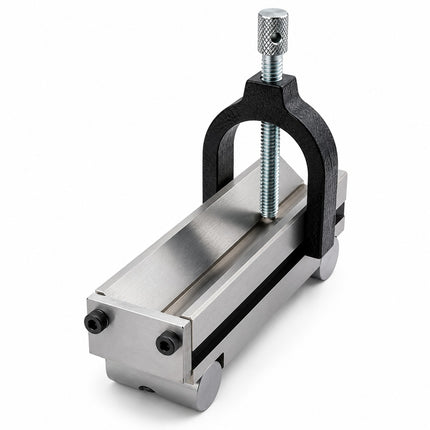 V-block, sine vice, hardened alloy steel, clamp, 150 mm, and 30 mm capacity.