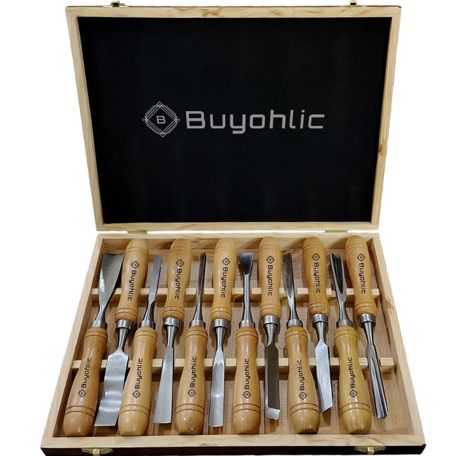 Buyohlic 12-Pieces Woodworking Wood Chisel Set with Wooden Box Razor Sharp CR-V 60 Steel Blades