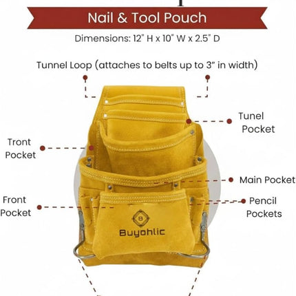 Heavy-Duty Suede Carpenter's Tool & Nail Bag – 10-Pocket Construction Pouch, Dark Tan