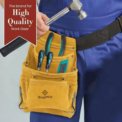 Heavy-Duty Suede Carpenter's Tool & Nail Bag – 10-Pocket Construction Pouch, Dark Tan